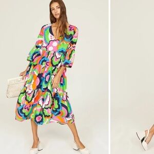 Trina Turk Midi Dress Womens XS Flower Power Retro Flowy Bell Sleeve B19